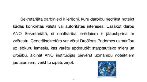 Presentations 'Apvienoto Nāciju Organizācijas
tiesiskais statuss un kompetence', 22.